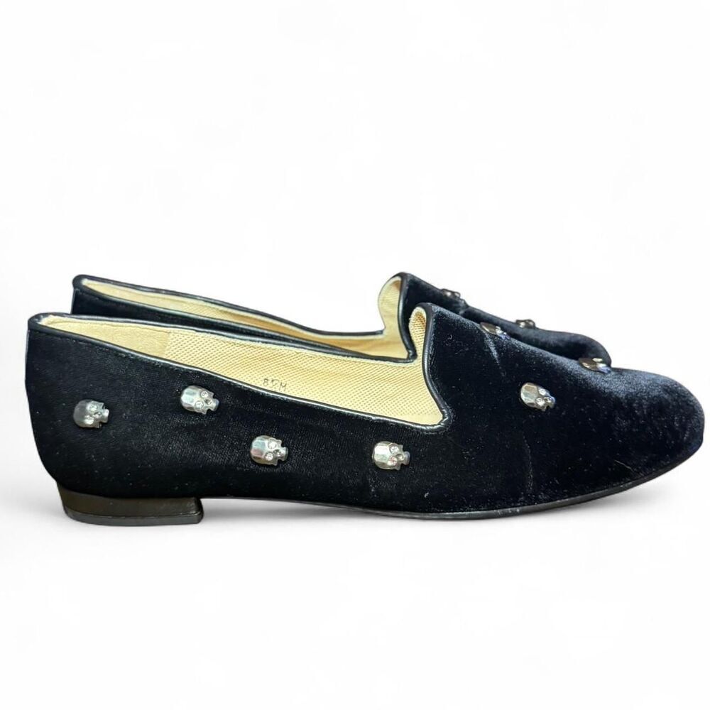 Jon Josef Velvet Smoking Slippers Womens 8.5 Black Skull Stud Loafers Made Spain